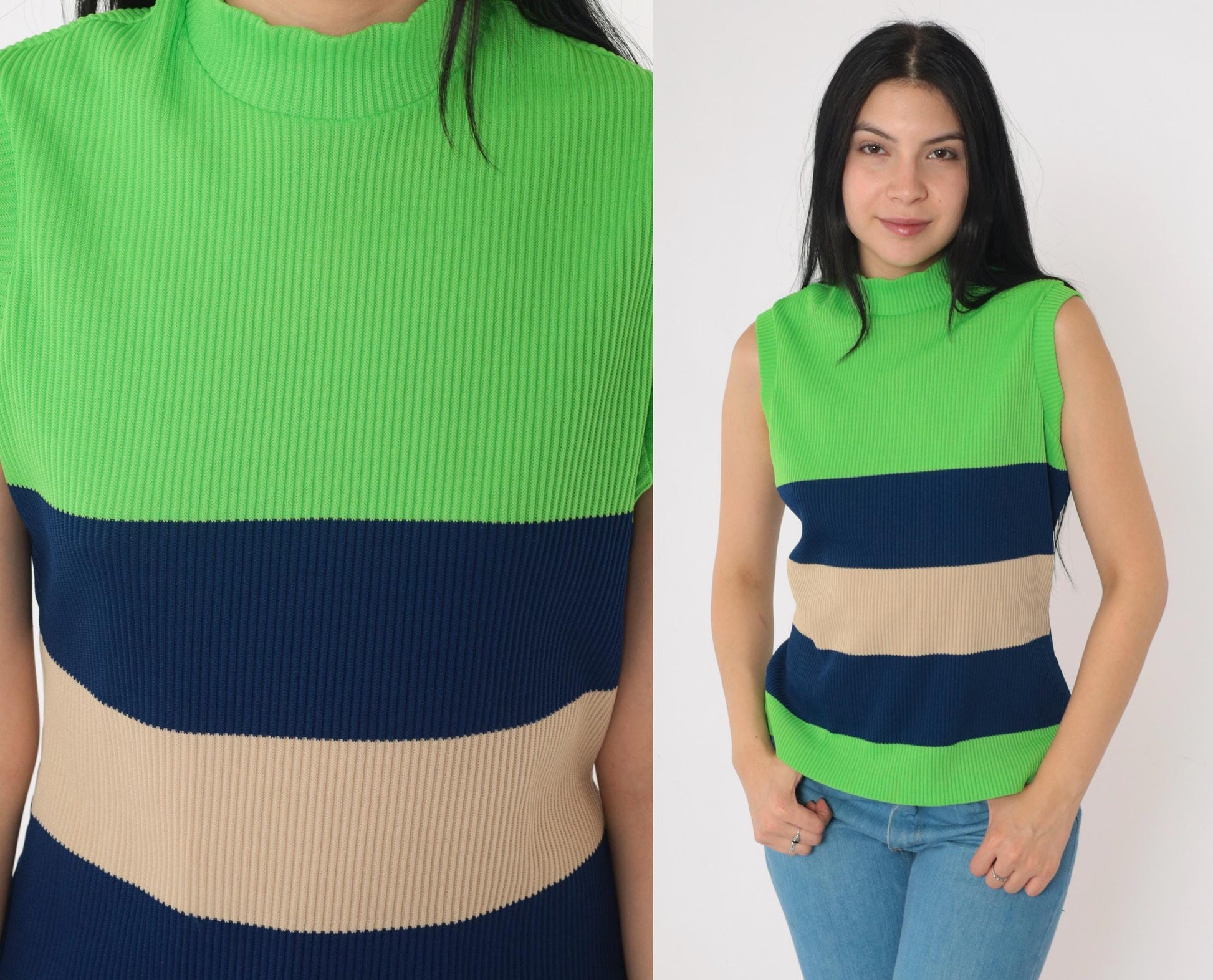 70s Fire Islander Tank Top Lime Green Navy Tan Striped Mock Neck Medium Large