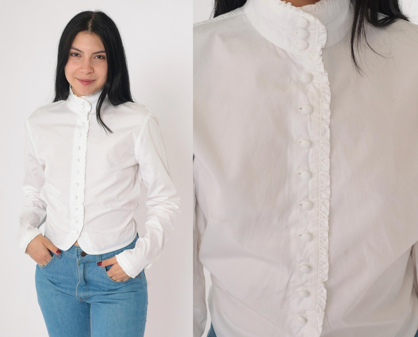 Y2K DKNY White Cotton Ruffle Blouse High Neck Button Up Small 6