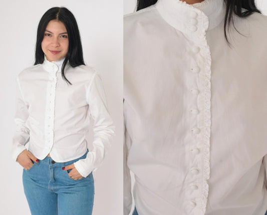 Y2K DKNY White Cotton Ruffle Blouse High Neck Button Up Small 6