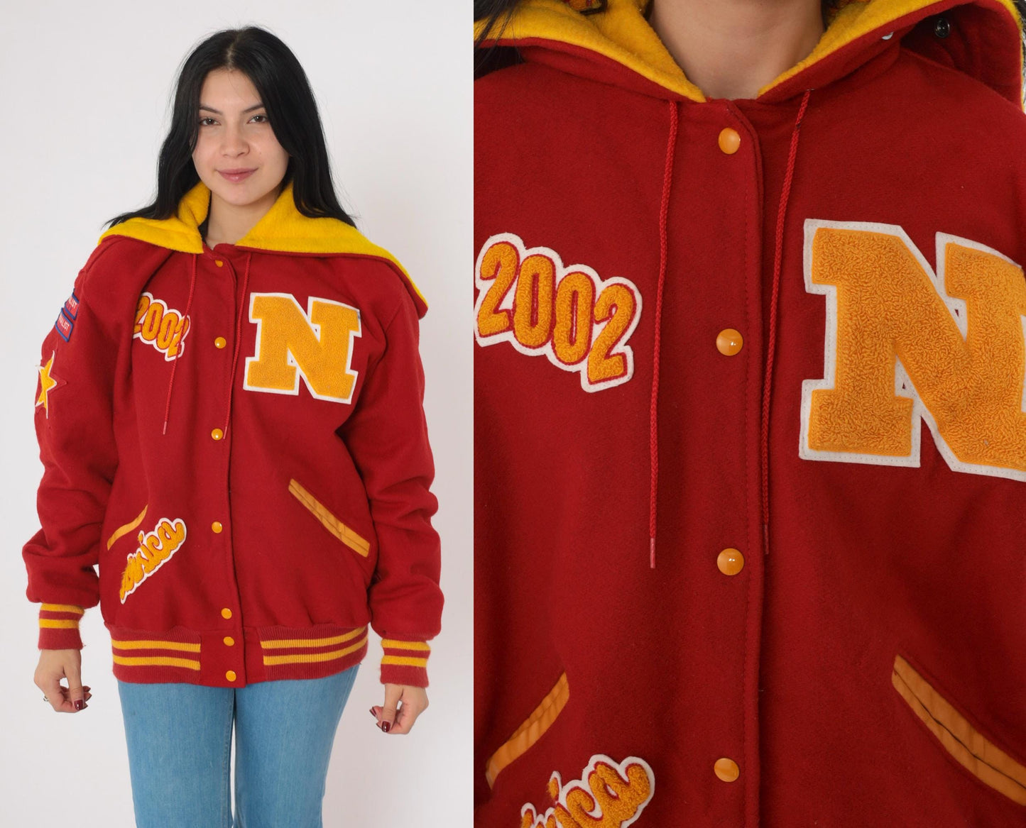 Y2K Letterman Jacket Red Gold Wool Blend Hooded Varsity Coat Large L