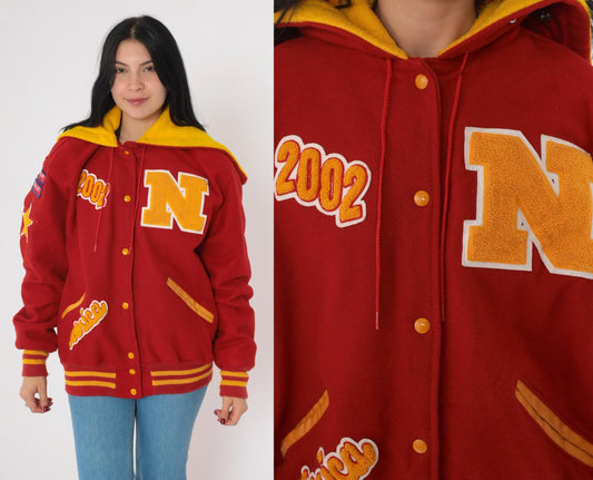 Y2K Letterman Jacket Red Gold Wool Blend Hooded Varsity Coat Large L