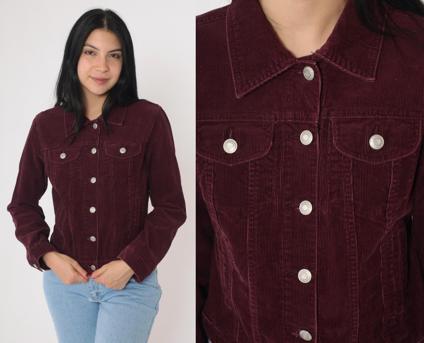 2000s Old Navy Burgundy Corduroy Trucker Jacket Silver Buttons Small S