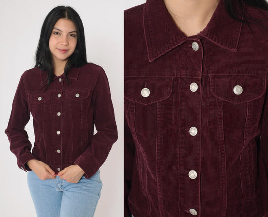 2000s Old Navy Burgundy Corduroy Trucker Jacket Silver Buttons Small S