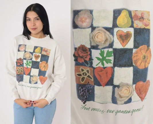 90s Love Makes Our Garden Grow Floral Patchwork Sweatshirt Off-White Medium