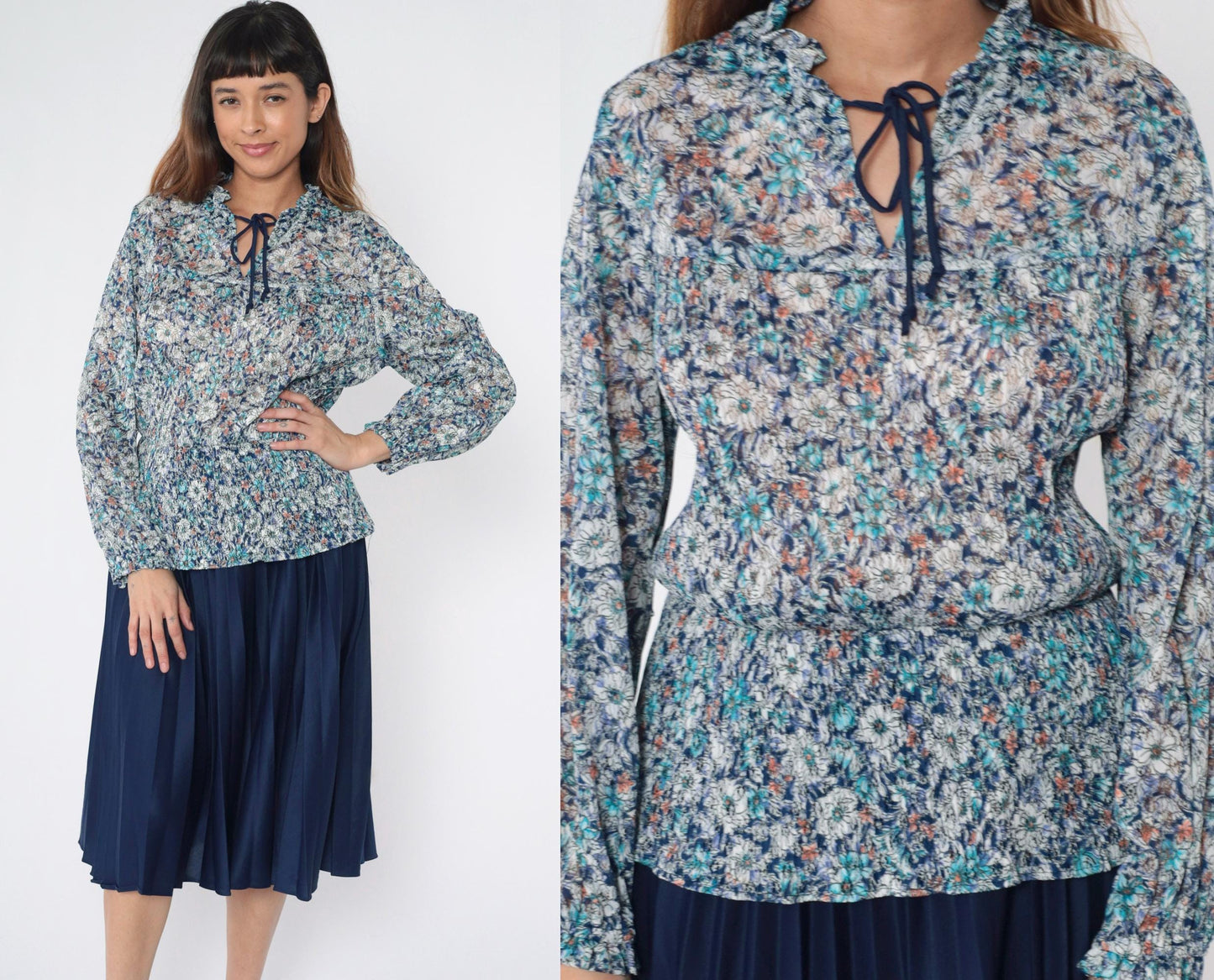70s Blue Floral Lace Midi Dress Long Sleeve Ruffle Collar Smocked Waist Medium Large