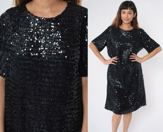 80s Black Sequin Midi Dress Short Sleeve Round Neck Shift Large L