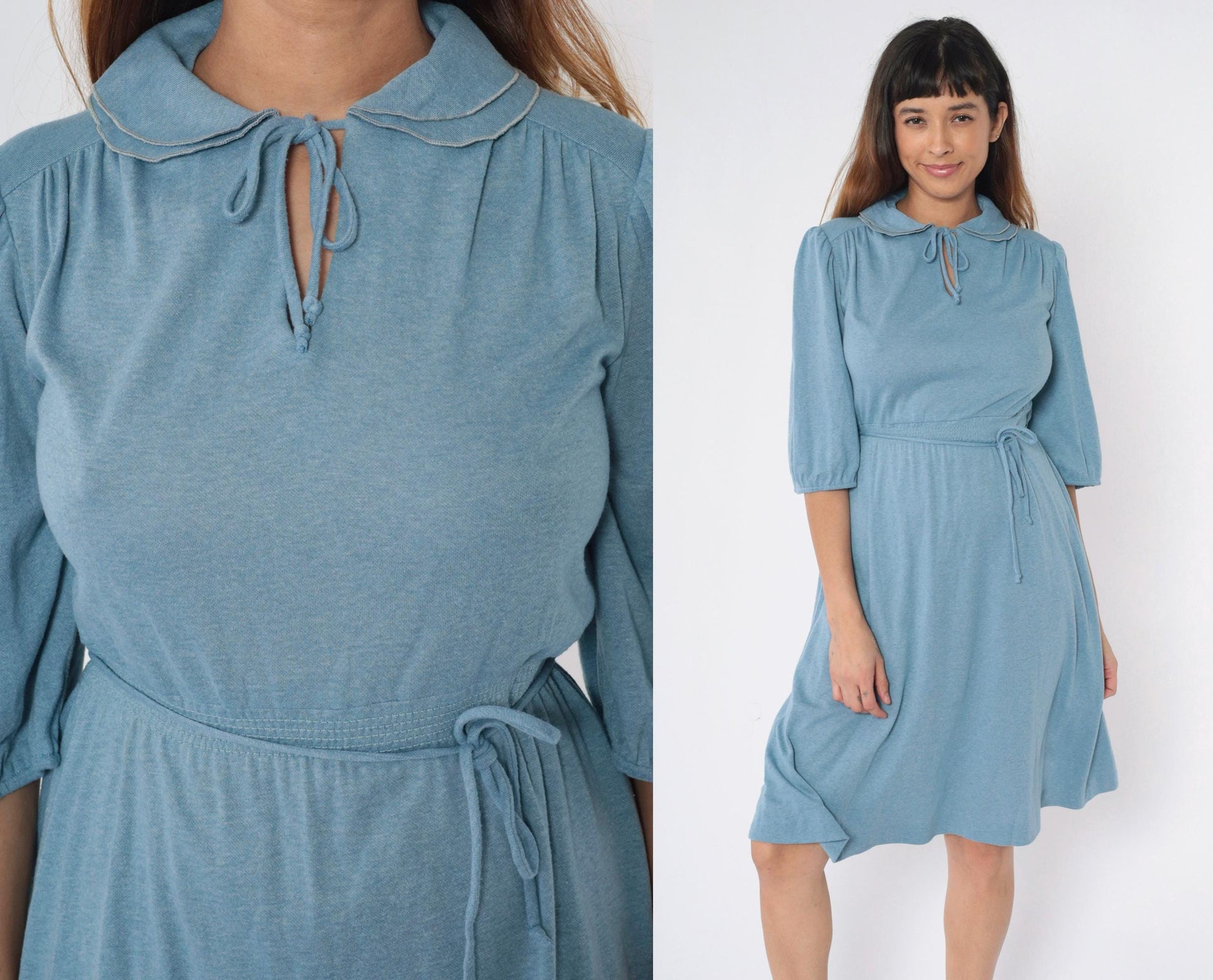 70s Monique Blue Midi Dress Peter Pan Collar Puff Sleeve Smocked Waist Small