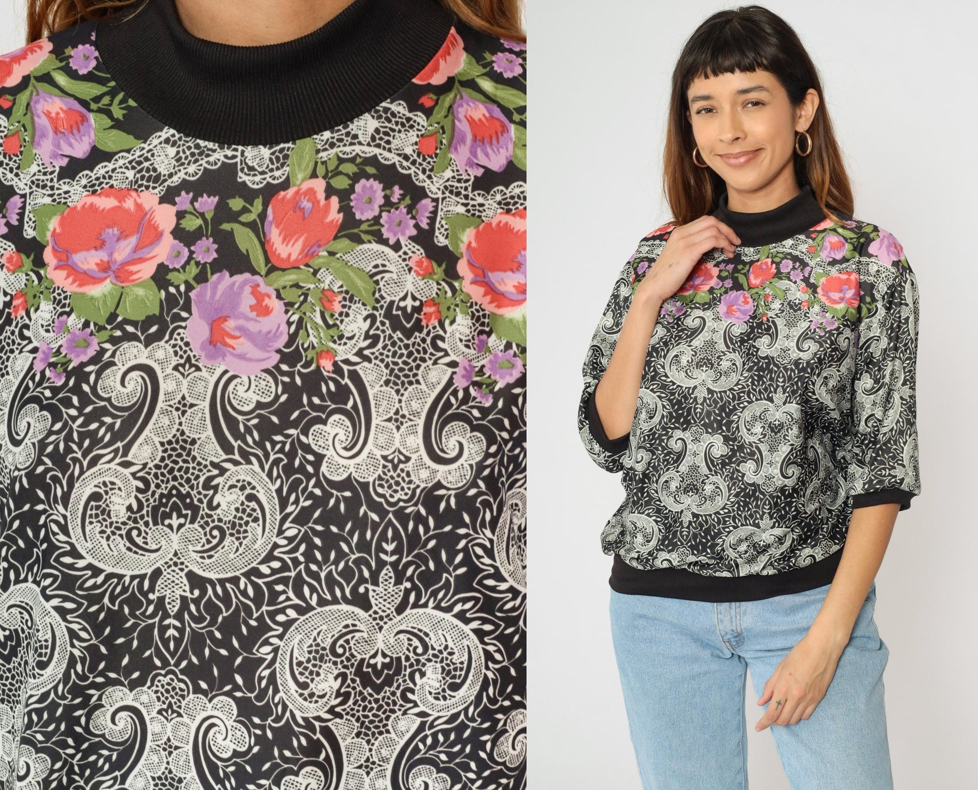 80s Black Floral Paisley Blouse Mock Neck 3/4 Sleeve Large L