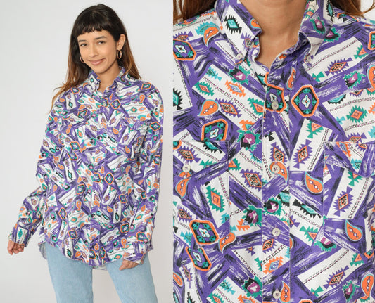 90s Wrangler Southwest Paisley Button Up Shirt Purple Men's X-Long