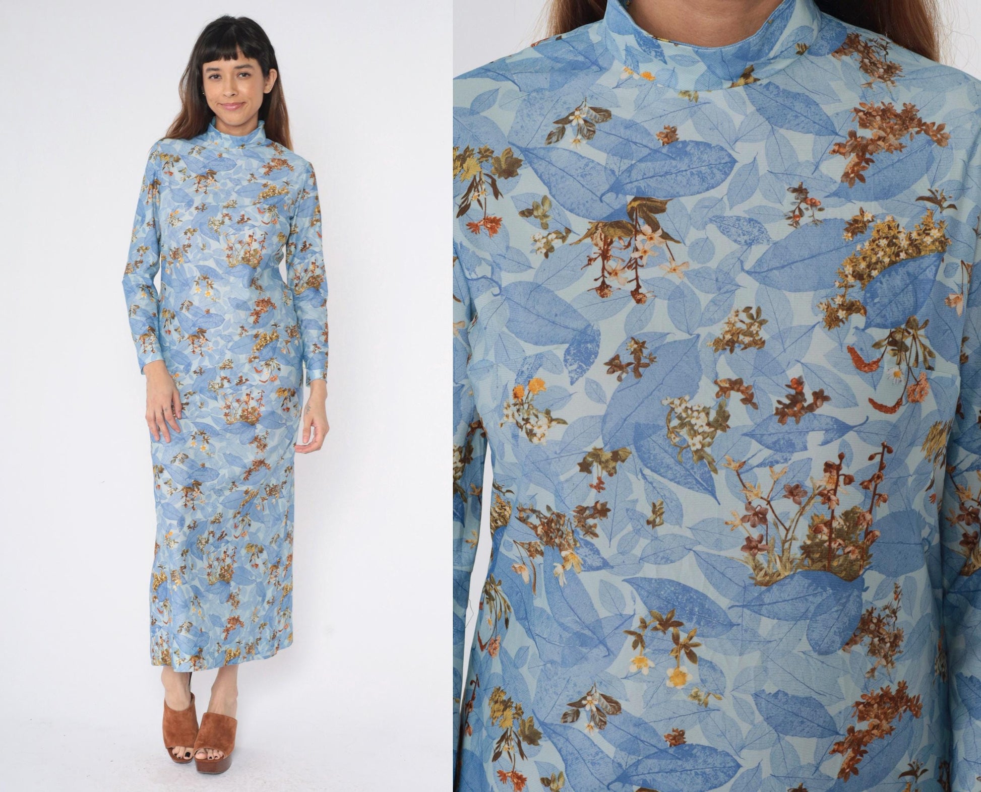 70s Blue Floral Maxi Dress Mock Neck Long Sleeve Small