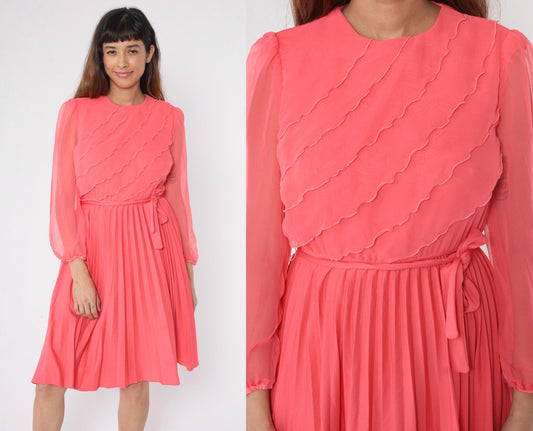 70s Pink Chiffon Ruffle Midi Dress Pleated Elastic Waist Small S