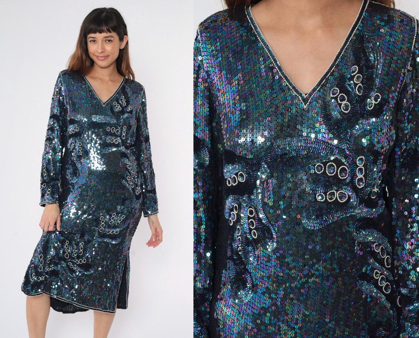 80s Blue Sequin Silk Midi Dress Iridescent Beaded V-Neck Long Sleeve Small