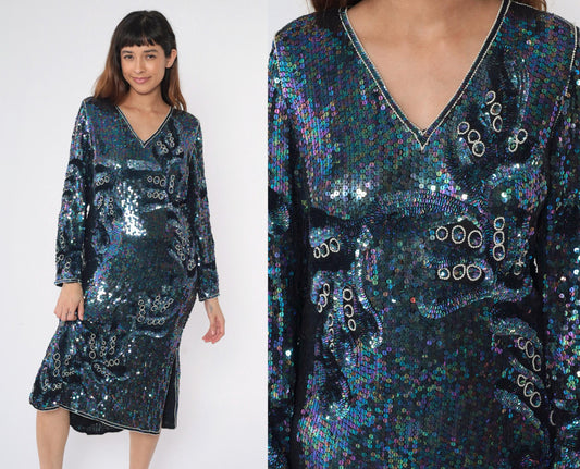 80s Blue Sequin Silk Midi Dress Iridescent Beaded V-Neck Long Sleeve Small