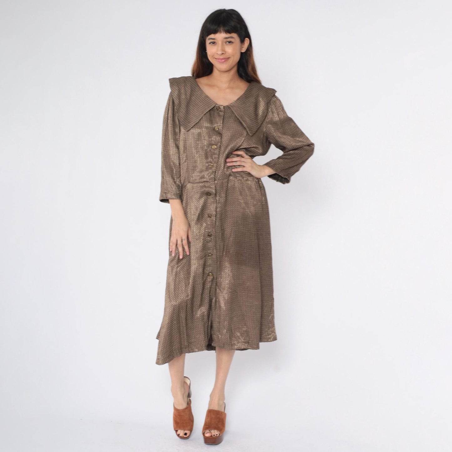 80s Gold Metallic Button-Down Midi Dress Wide Collar Long Sleeve Medium Large