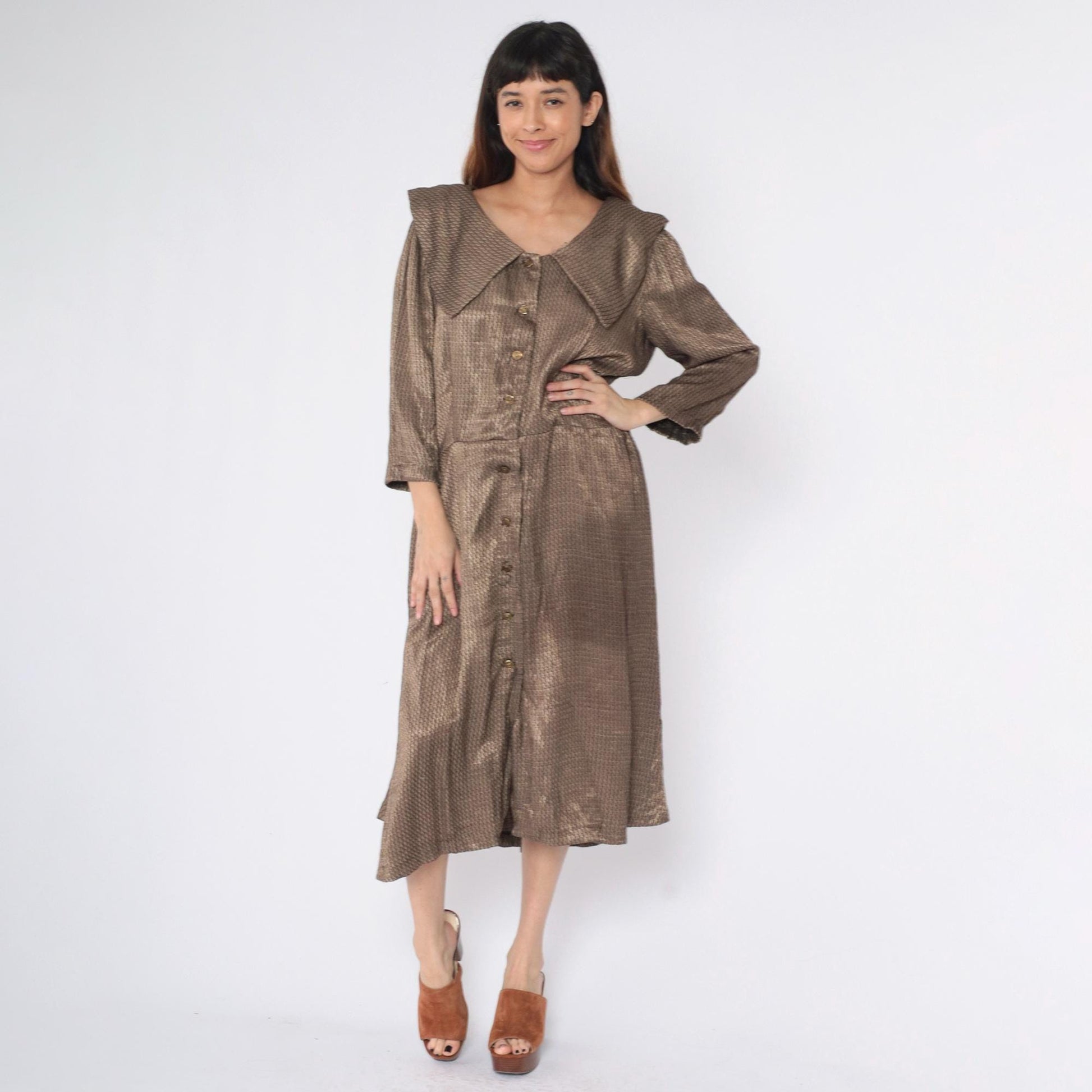 80s Gold Metallic Button-Down Midi Dress Wide Collar Long Sleeve Medium Large
