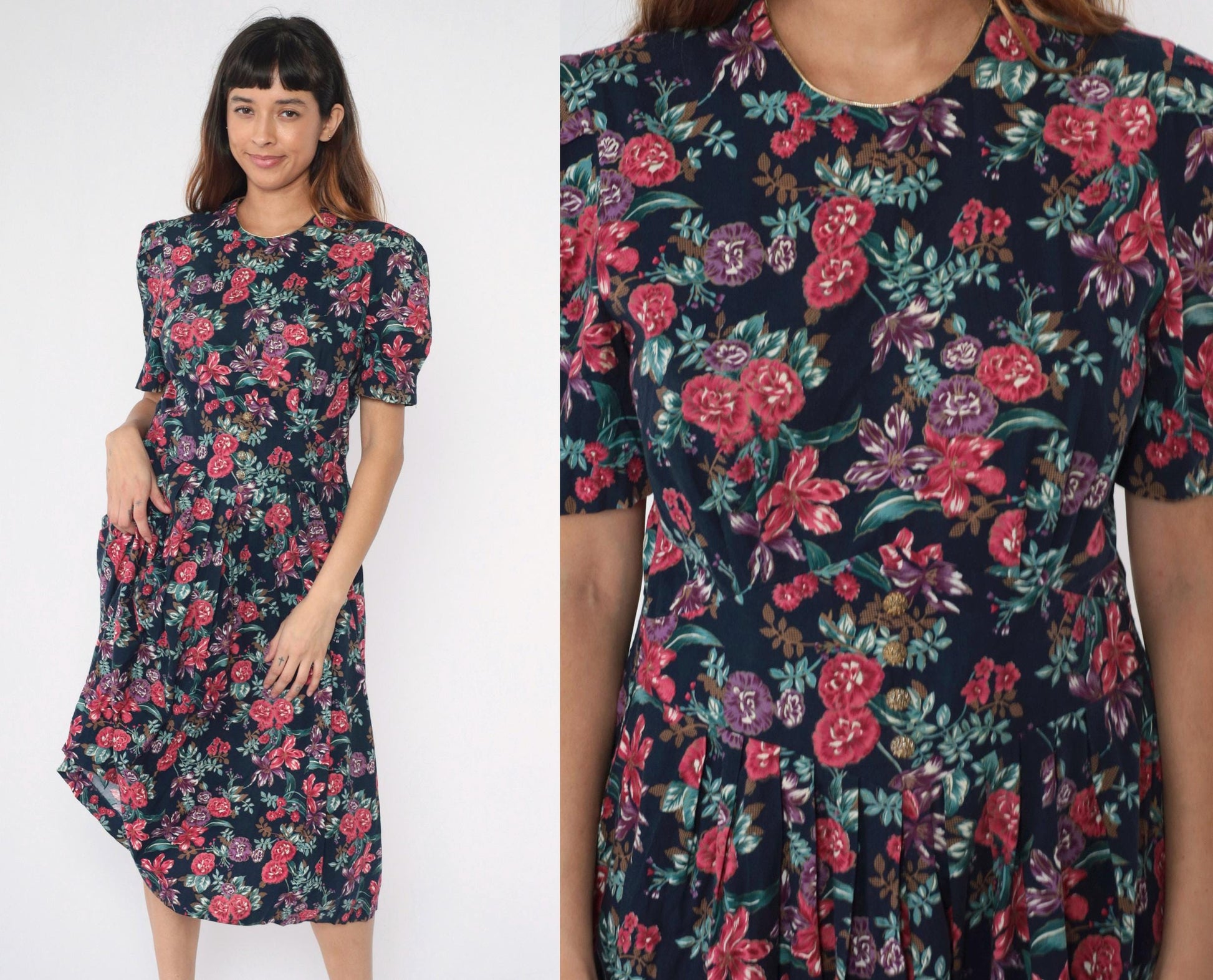 80s Navy Floral Midi Dress Puff Sleeve Basque Waist Smocked Back Medium Petite