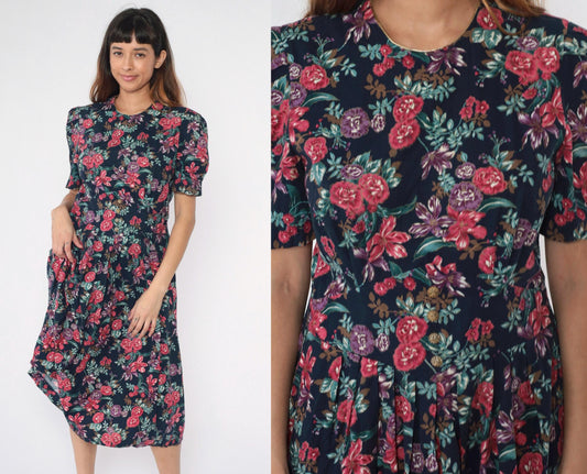 80s Navy Floral Midi Dress Puff Sleeve Basque Waist Smocked Back Medium Petite