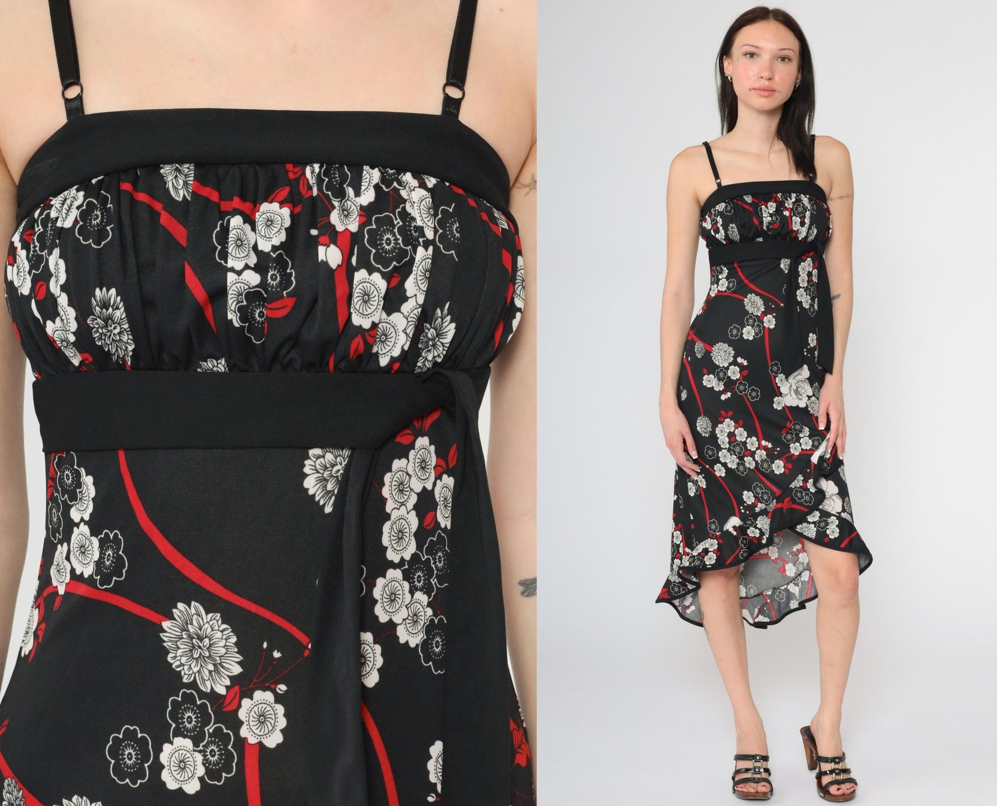 Y2K Black Floral Midi Dress Waterfall Hem Empire Waist Spaghetti Strap Extra Small