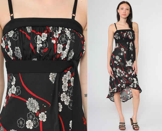 Y2K Black Floral Midi Dress Waterfall Hem Empire Waist Spaghetti Strap Extra Small