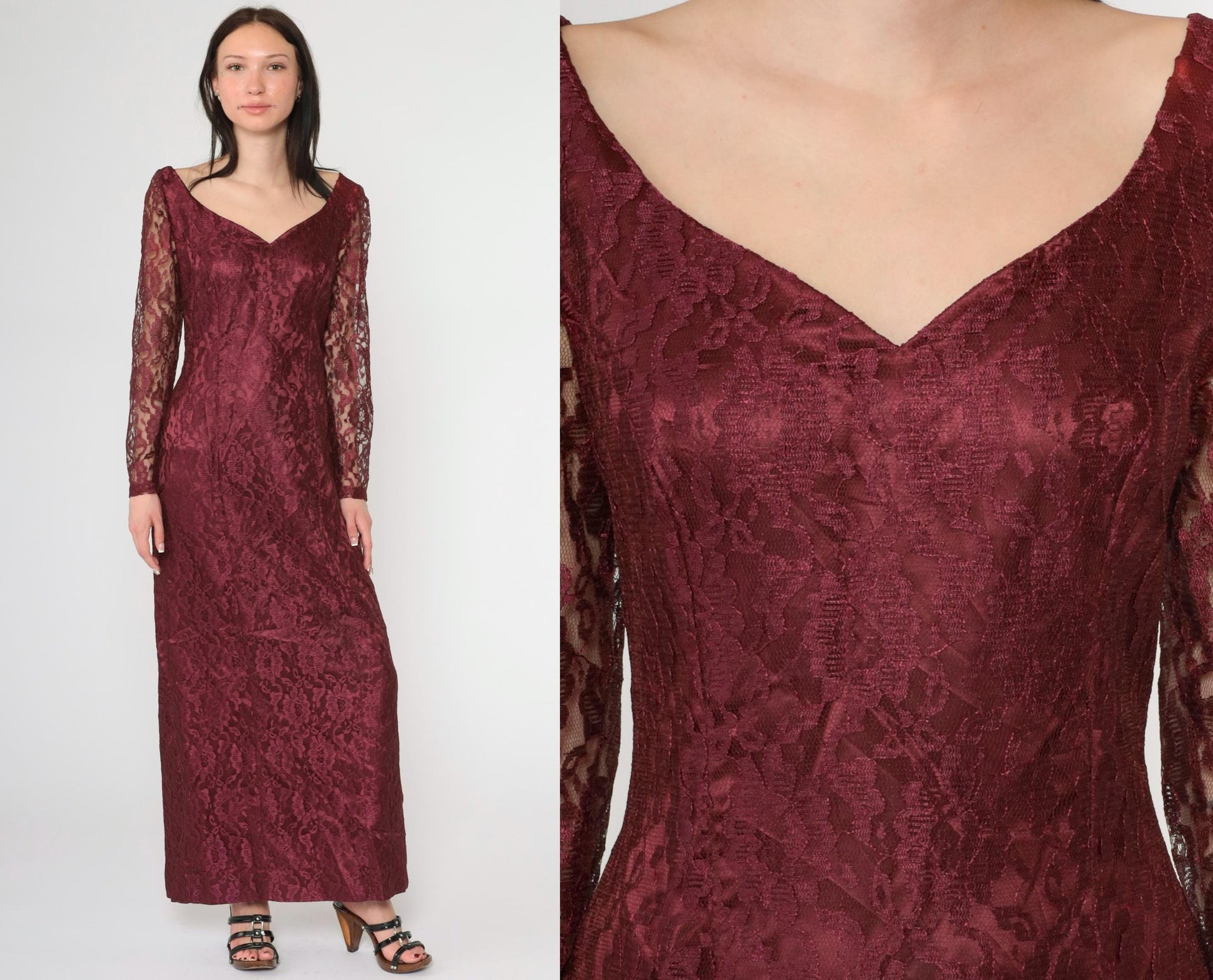 90s Wine Lace Maxi Dress Sweetheart Neckline Long Sleeve Slit Small