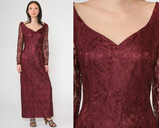90s Wine Lace Maxi Dress Sweetheart Neckline Long Sleeve Slit Small