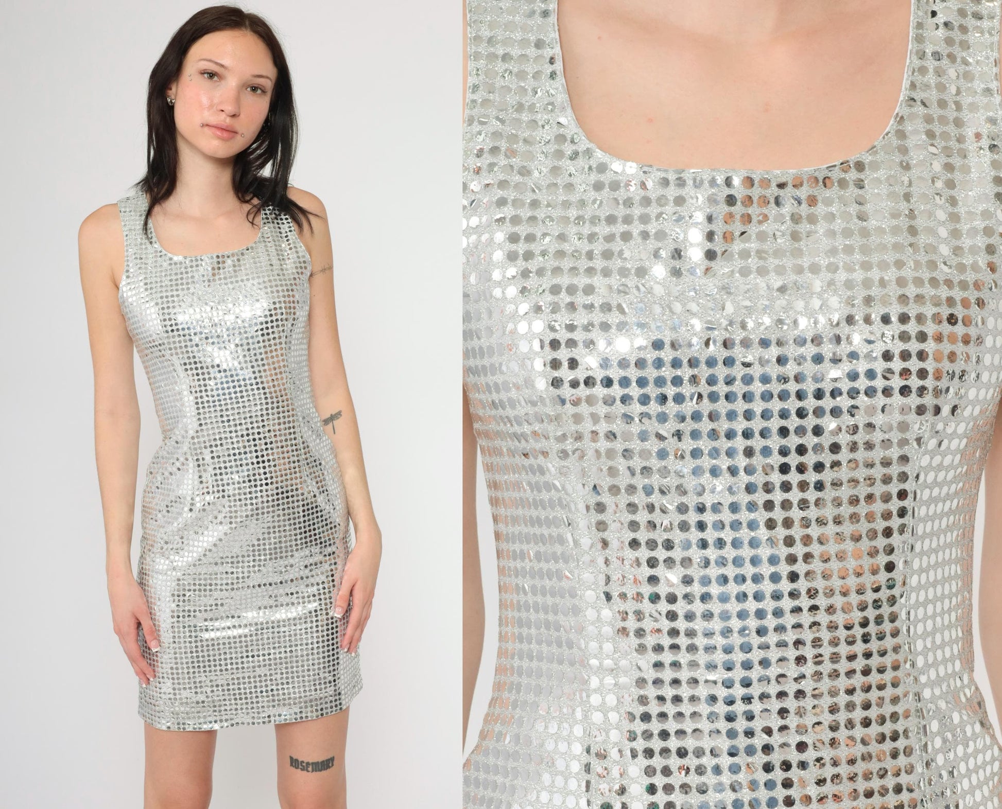 90s Silver Sequin Paillette Mini Dress Sleeveless Scoop Neck Y2K Small