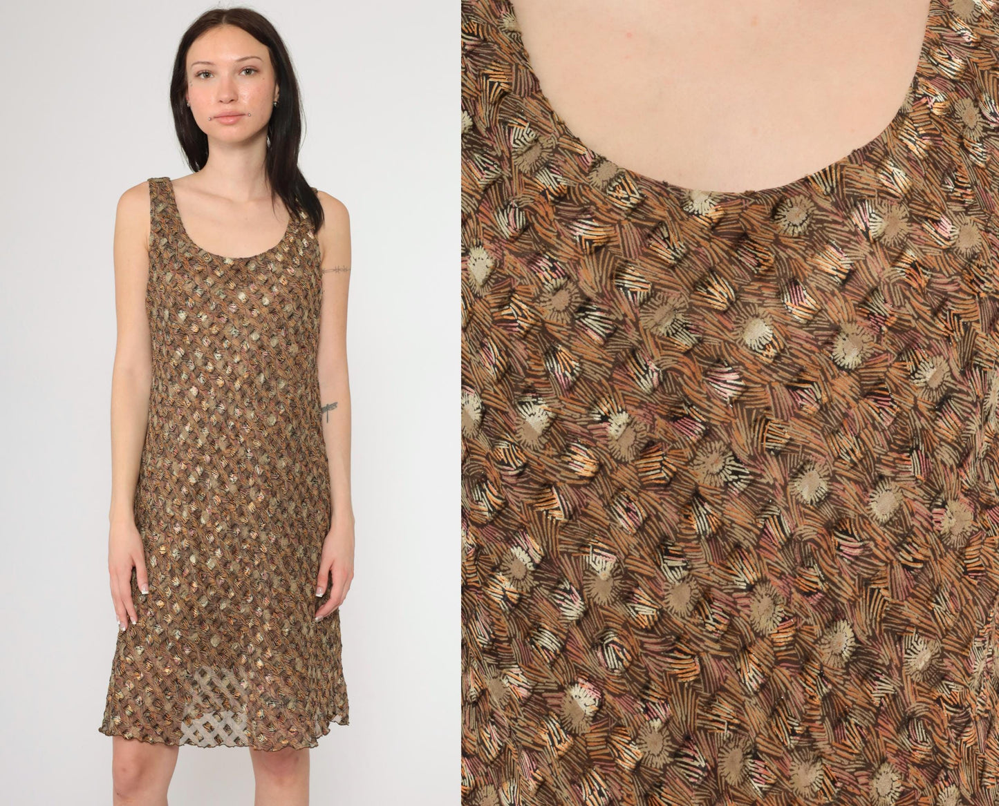 90s Sheer Metallic Floral Abstract Chiffon Mini Dress Scoop Neck Sleeveless Large L