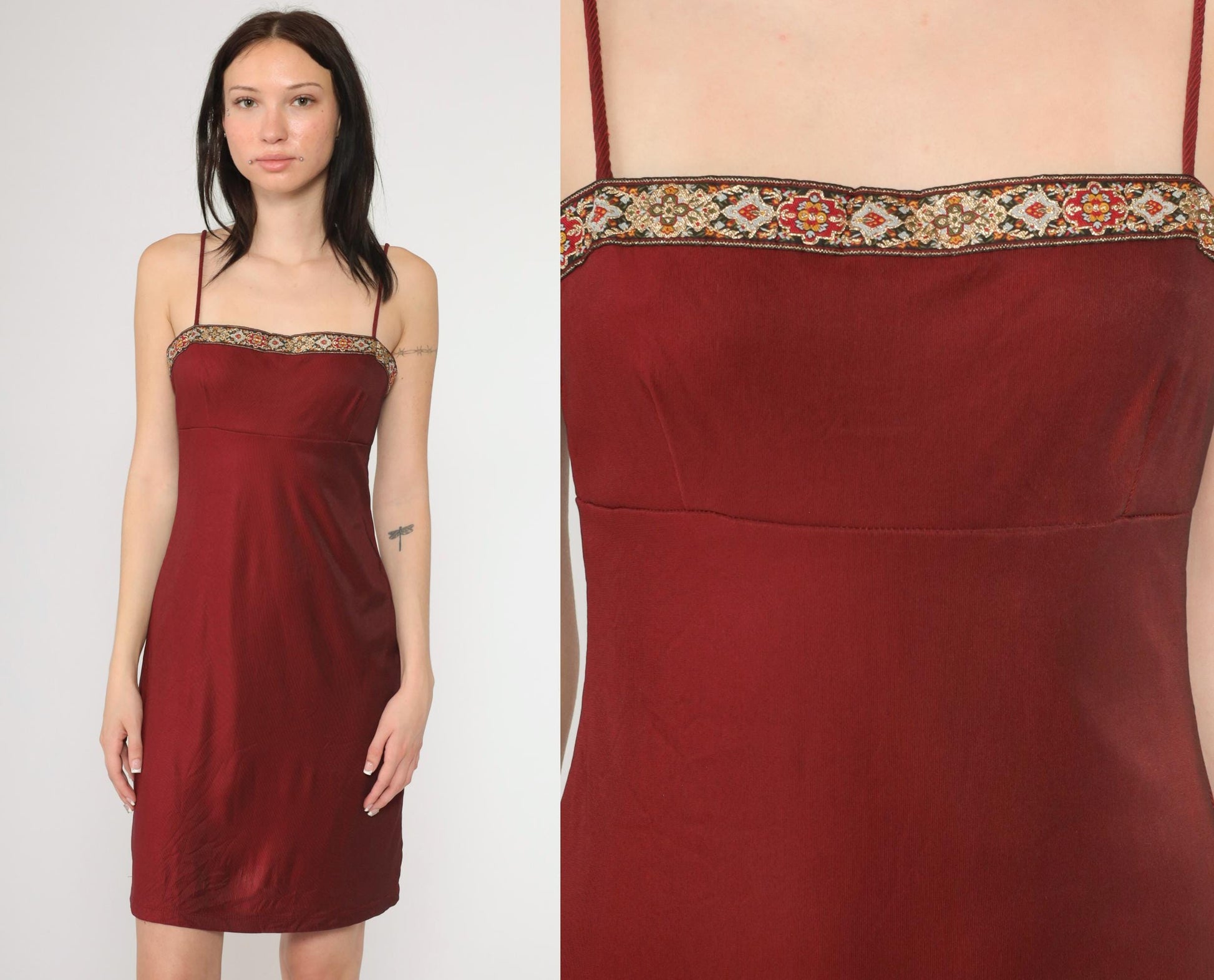 90s Burgundy Spaghetti Strap Mini Dress Embroidered Square Neckline Empire Waist Small