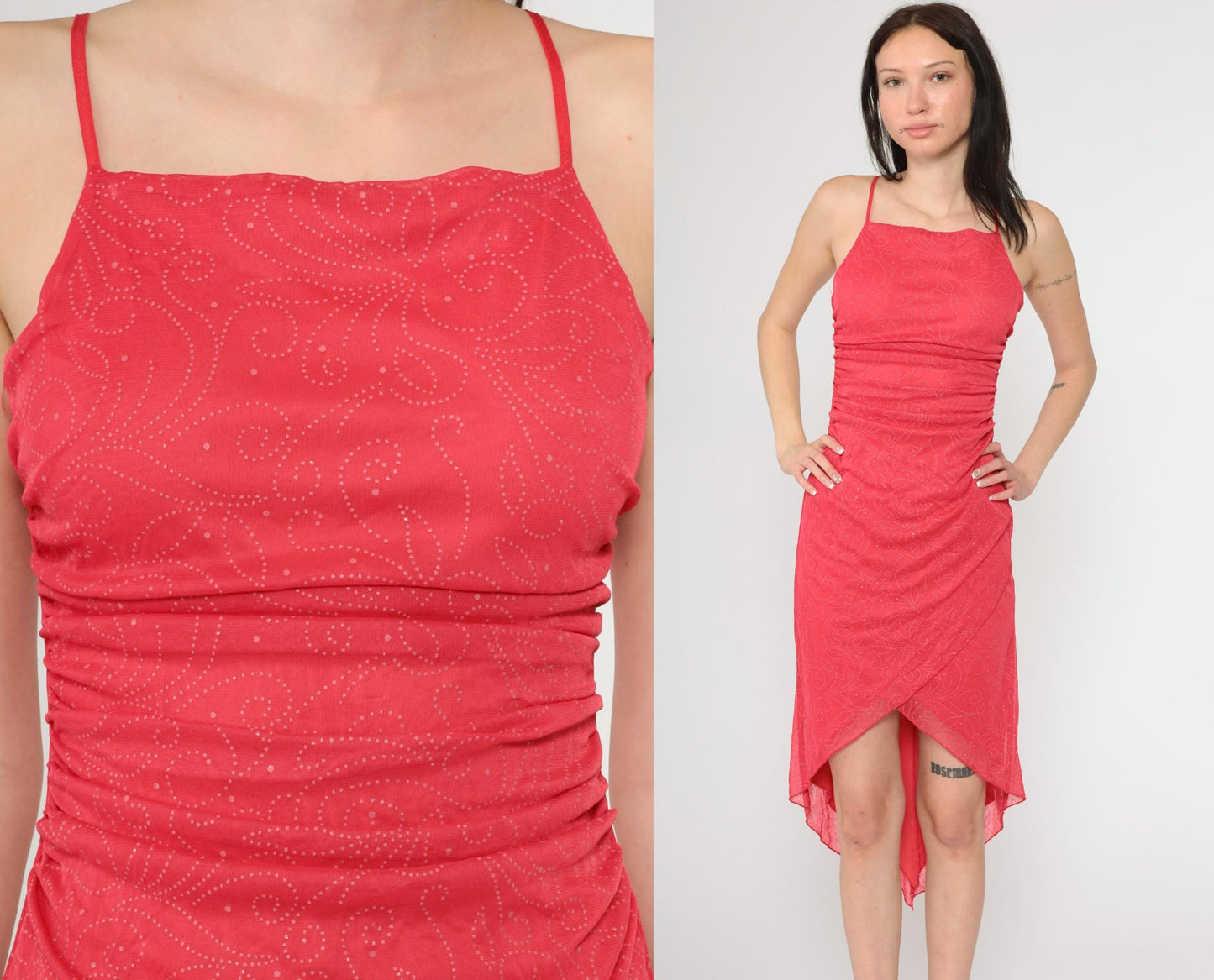 Y2K Coral Glitter Dot Asymmetrical Midi Dress Spaghetti Strap Ruched Small