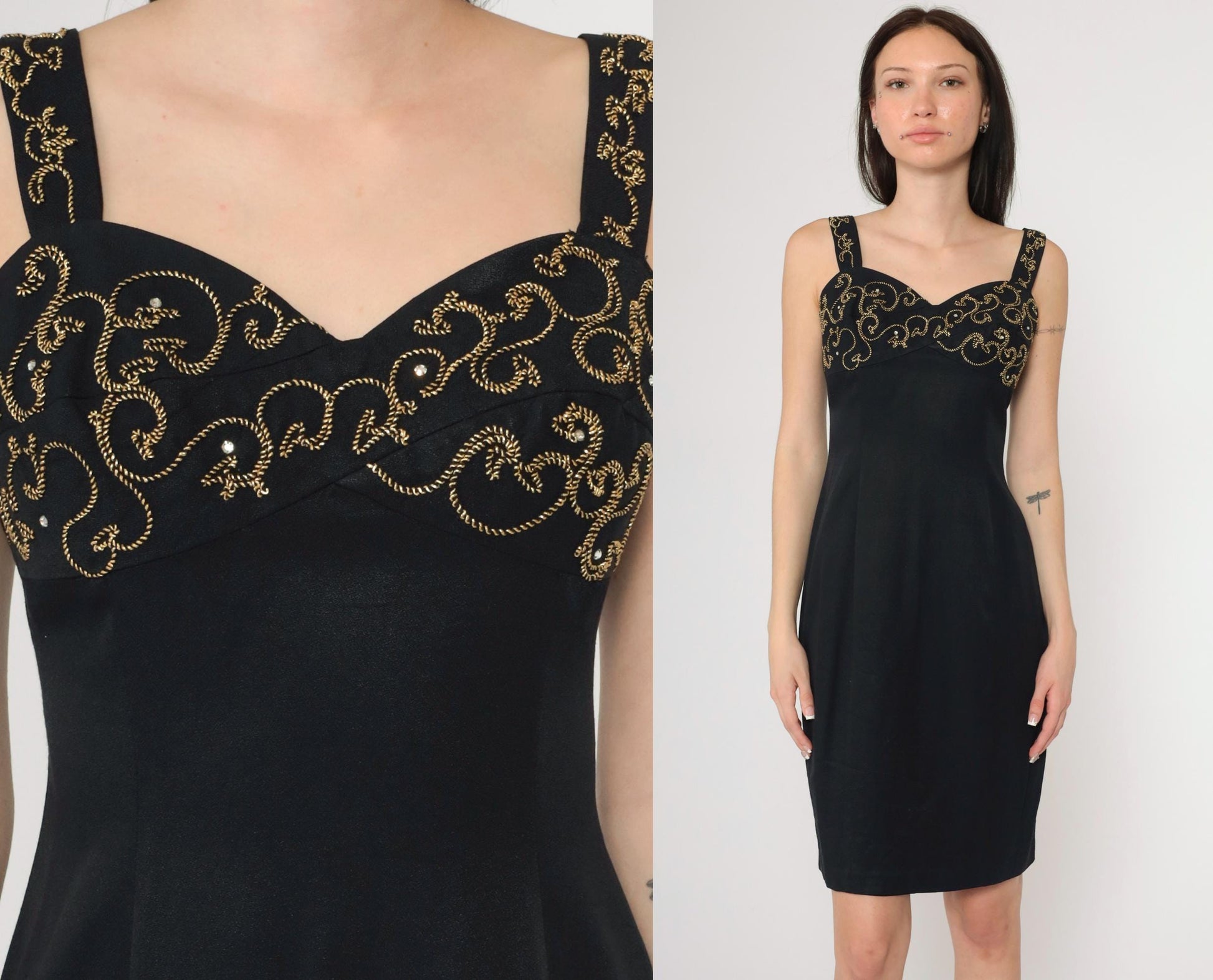 90s Black Mini Dress Gold Soutache Rhinestone Empire Waist Sweetheart Small