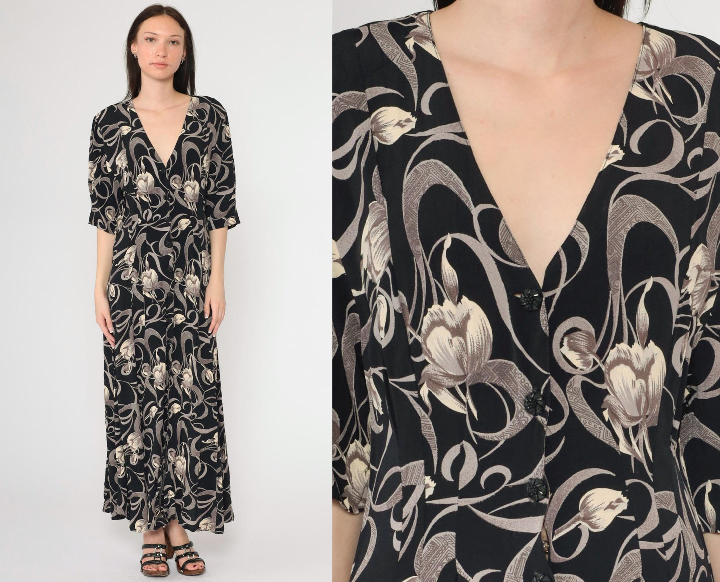 90s Express Black Floral Maxi Dress Tulip Swirl Print V-Neck Short Sleeve Medium Large