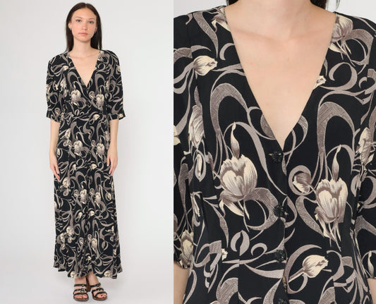 90s Express Black Floral Maxi Dress Tulip Swirl Print V-Neck Short Sleeve Medium Large