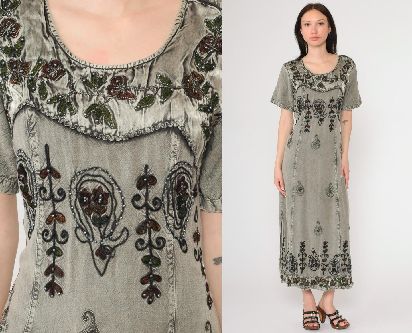 Y2K MPH Indian Embroidered Maxi Dress Grey Beaded Floral Short Sleeve Medium