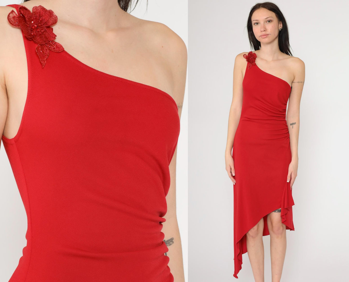 90s Red One-Shoulder Midi Dress Y2K Beaded Flower Asymmetrical Medium M