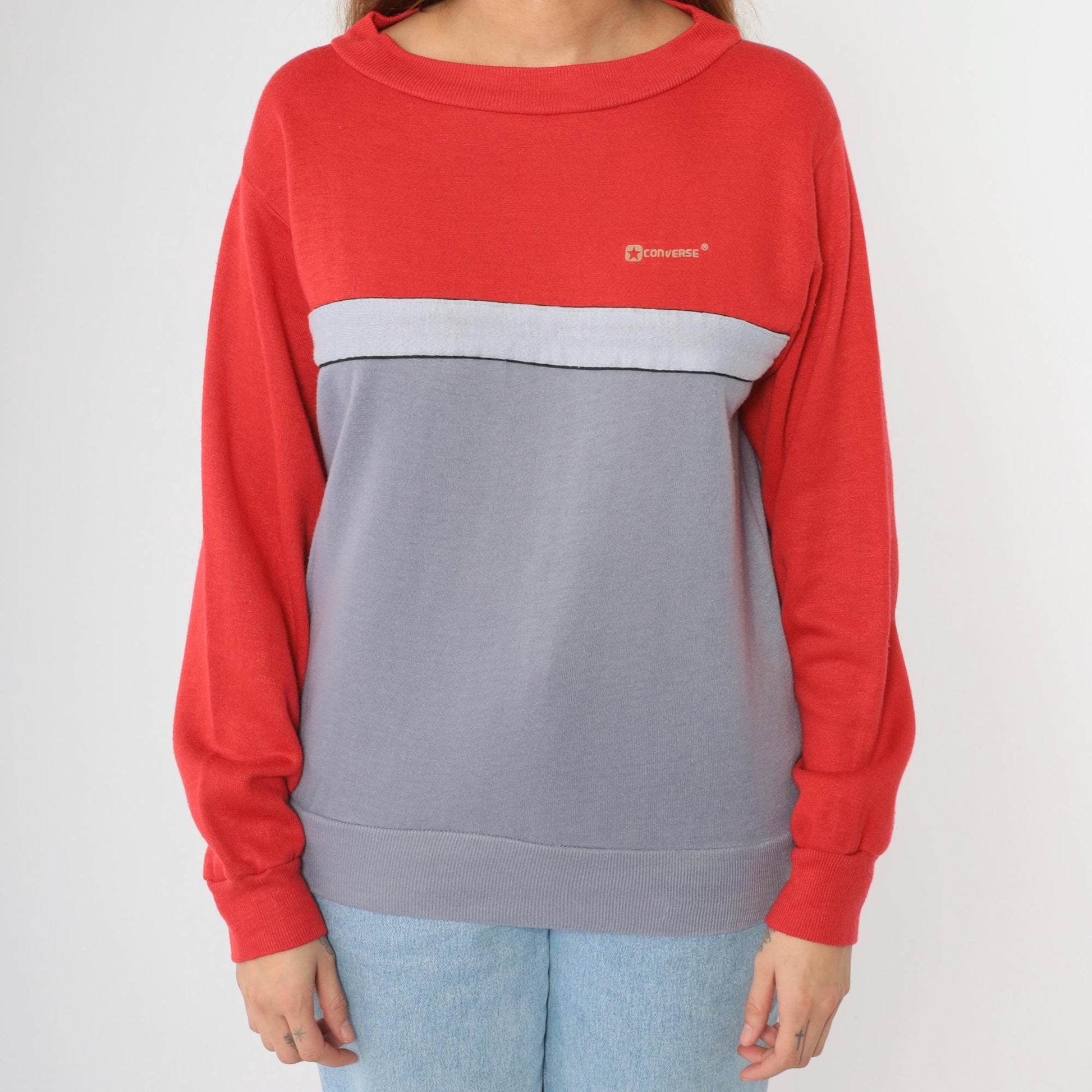 80s Converse Striped Sweatshirt Red Grey Color Block Crewneck Medium