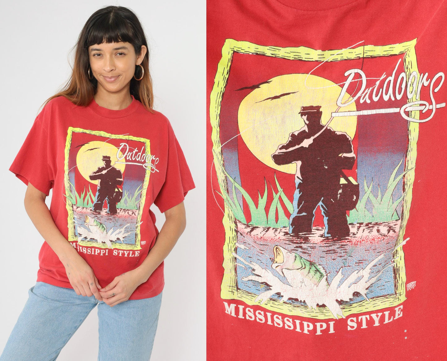 90s Mississippi Fishing Graphic T-Shirt Red Crewneck Large