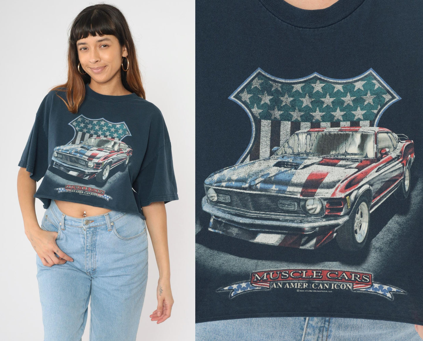 Y2K Muscle Cars American Icon Graphic Crop Top Navy Cotton Extra Large XL