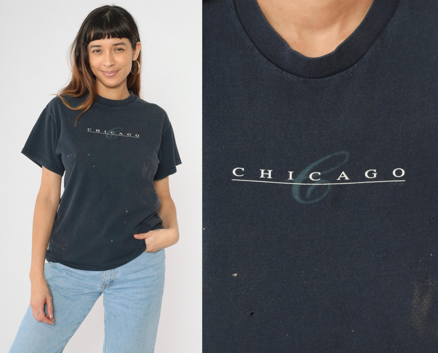 90s Chicago Graphic T-Shirt Black Fruit of the Loom Distressed Medium