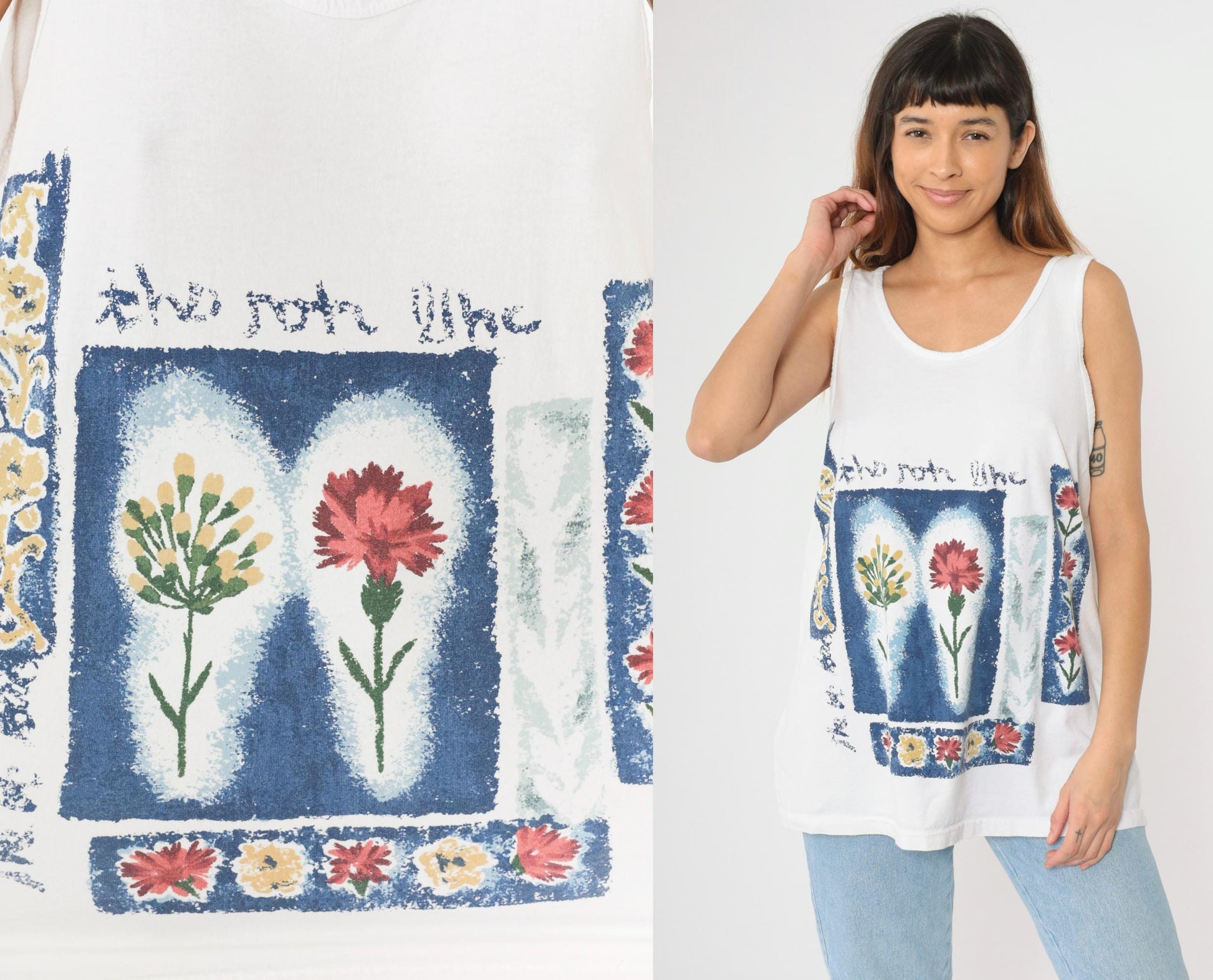 90s Floral Scoop Neck Tank Top White Botanical Graphic Large L