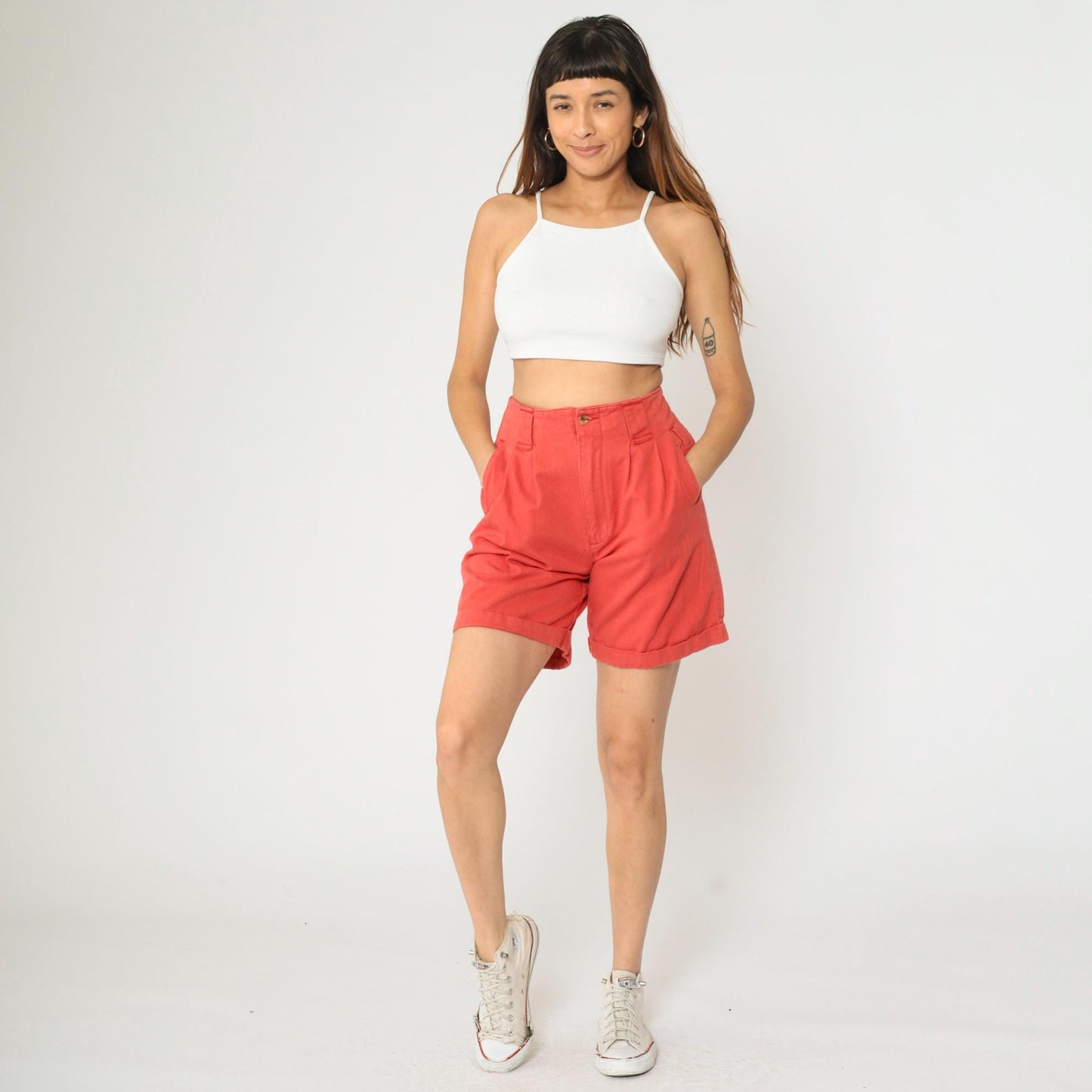 80s Points West Red Cotton Pleated Shorts High Waist Cuffed Small