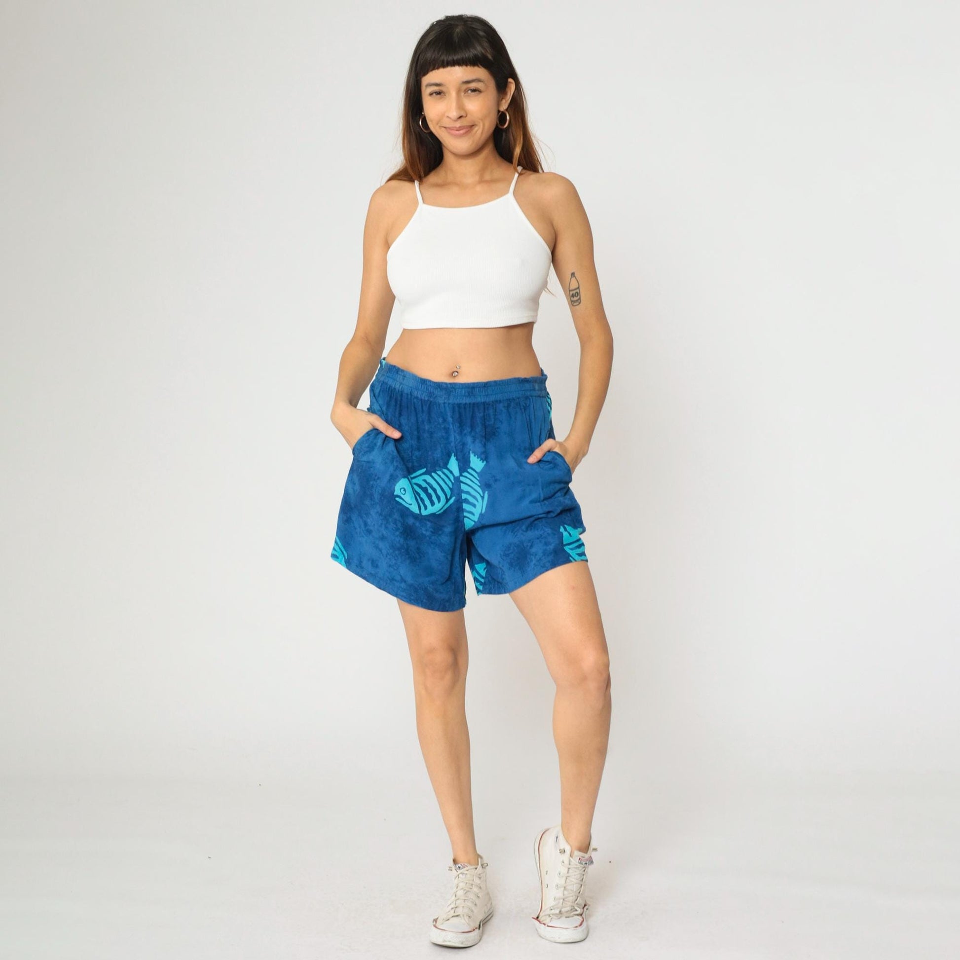 Y2K Blue Tie Dye Fish Print Shorts Elastic Waist Rayon Medium M
