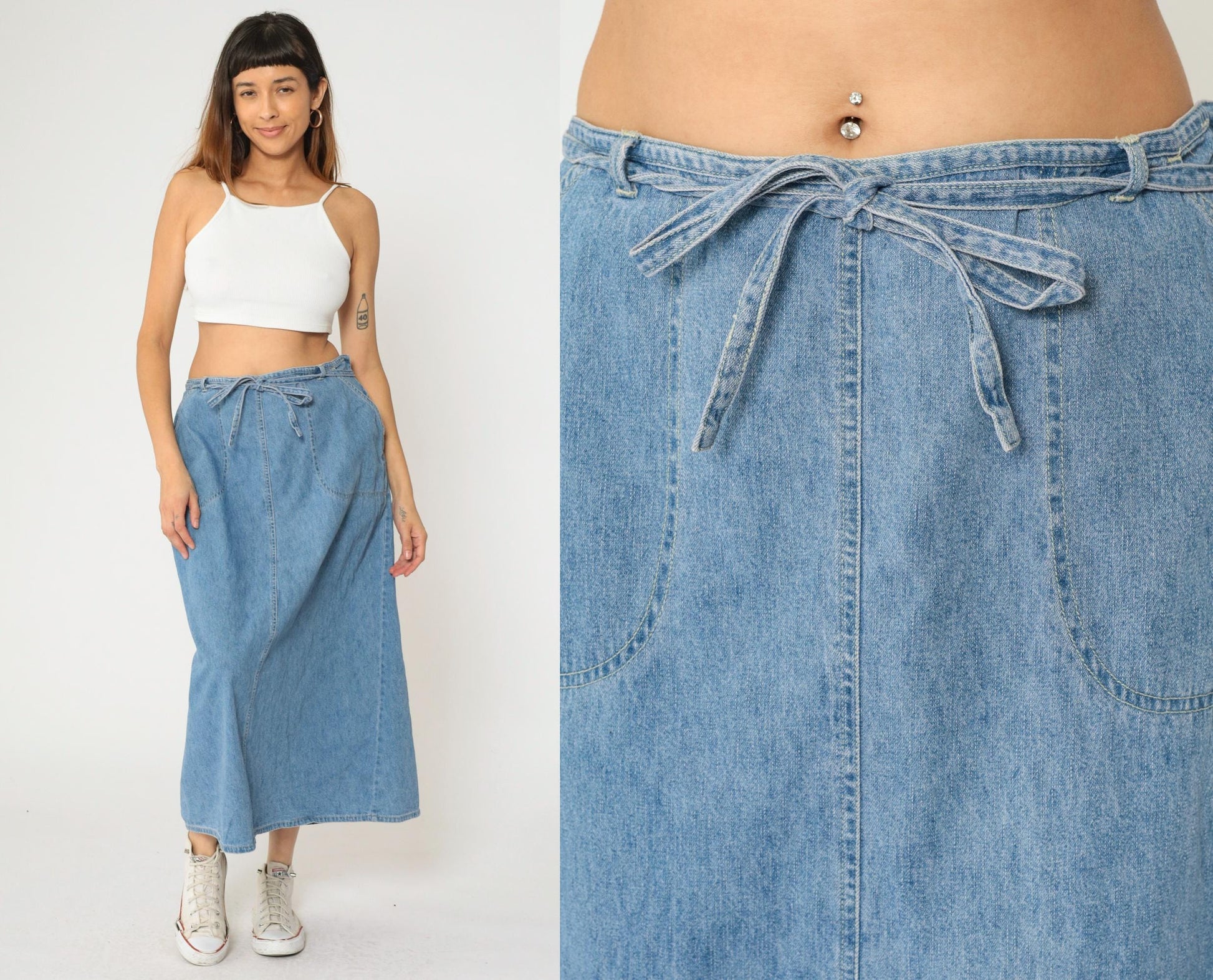 90s St. John's Bay Denim Cargo Maxi Skirt Blue High Waist Tie Closure Size 16W