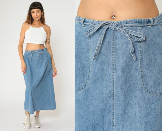 90s St. John's Bay Denim Cargo Maxi Skirt Blue High Waist Tie Closure Size 16W