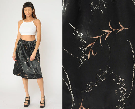90s Black Satin Midi Skirt Floral Print High Waist Elastic Small