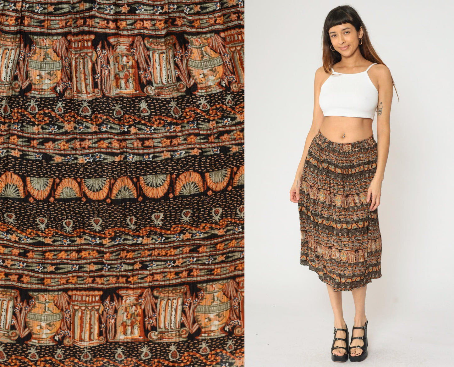 90s Broomstick Midi Skirt Black Orange Vase Print Crinkle Rayon Medium M