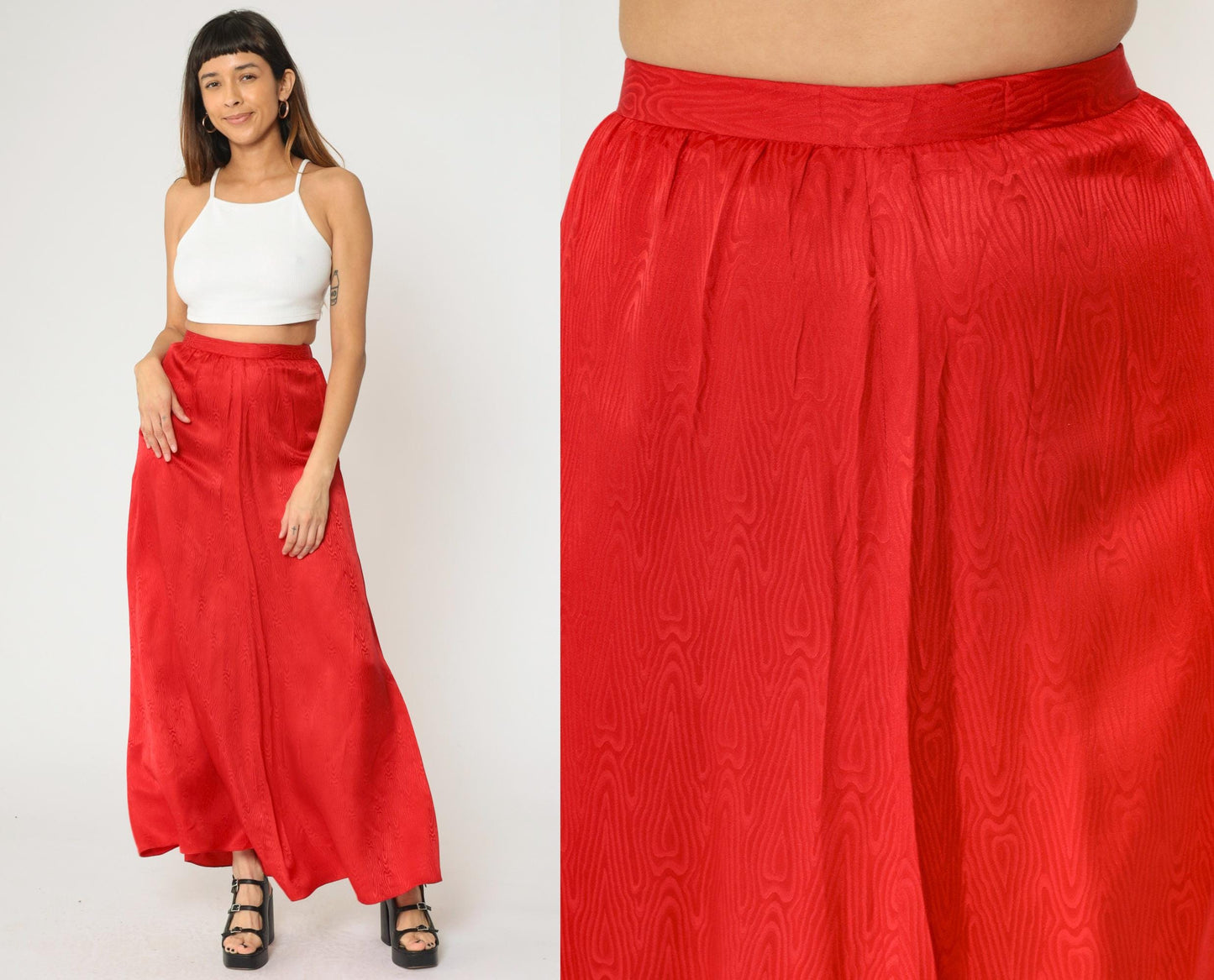 90s Red Moiré Satin Maxi Skirt High Waist A-Line Bias Cut Small