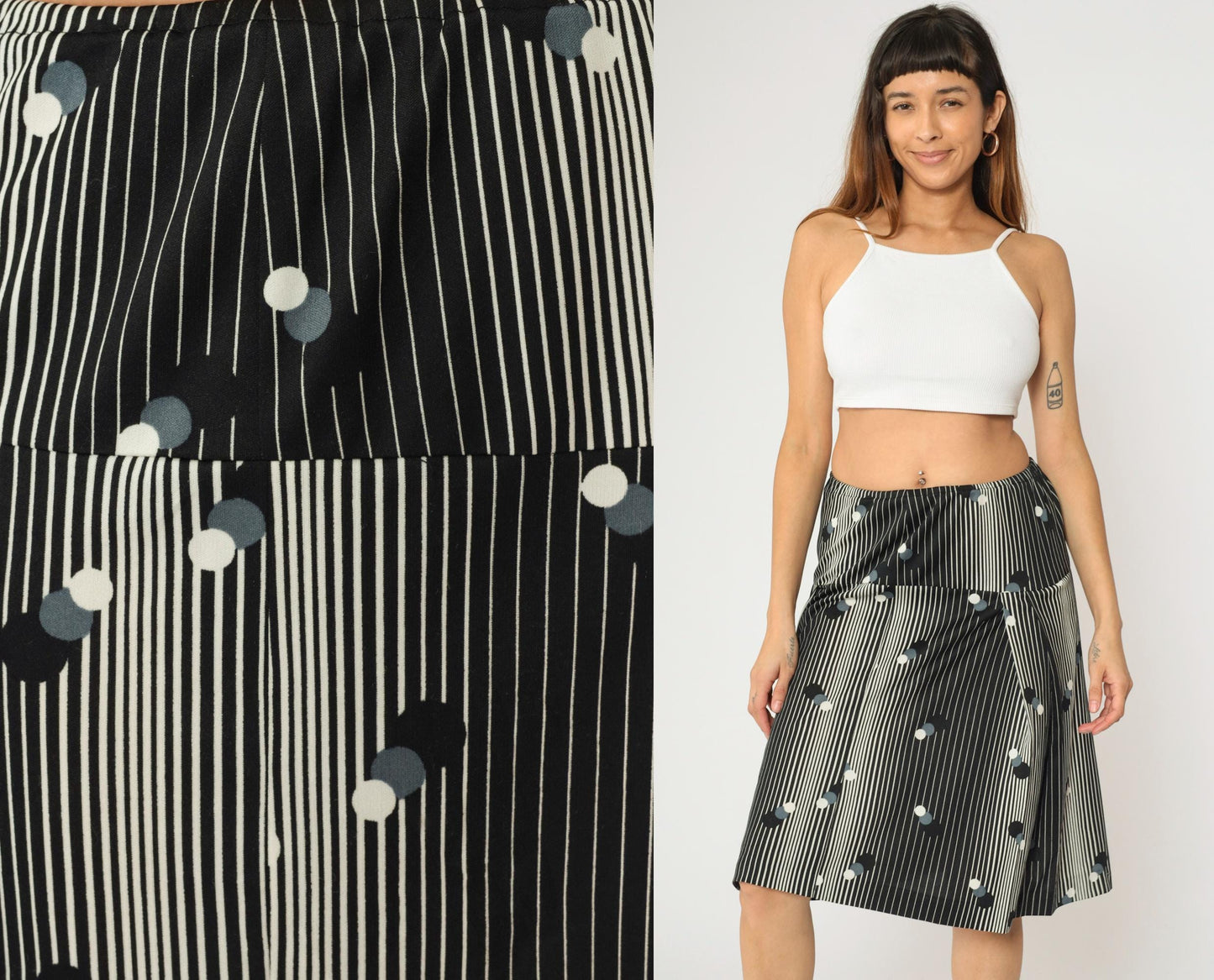 70s Black White Striped Polka Dot Mod Skirt High Waist A-Line Knee Length Small Medium