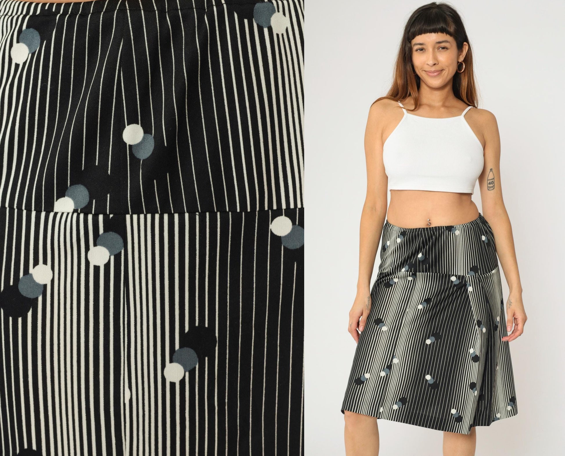 70s Black White Striped Polka Dot Mod Skirt High Waist A-Line Knee Length Small Medium