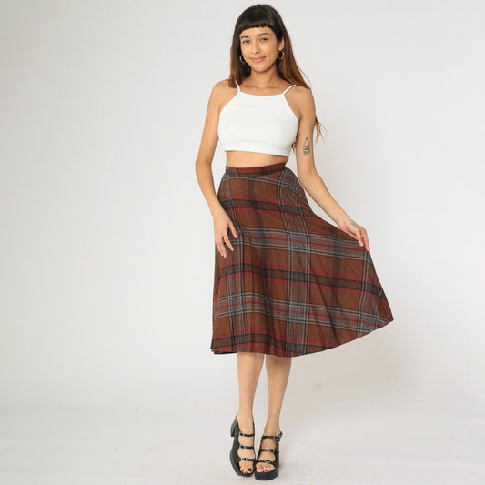 80s Russ Togs II Plaid Midi Skirt Brown High-Waisted A-Line Small