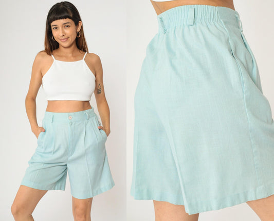 80s Light Blue Pleated High-Waist Shorts Linen Blend Wide Leg Small